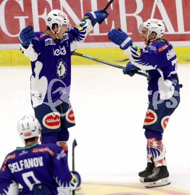 EBEL. Eishockey Bundesliga. EC VSV gegen HC TWK Innsbruck. Torjubel Adis Alagic, Marius Goehringer (VSV). Villach, am 19.9.2014.
Foto: Kuess 


---
pressefotos, pressefotografie, kuess, qs, qspictures, sport, bild, bilder, bilddatenbank