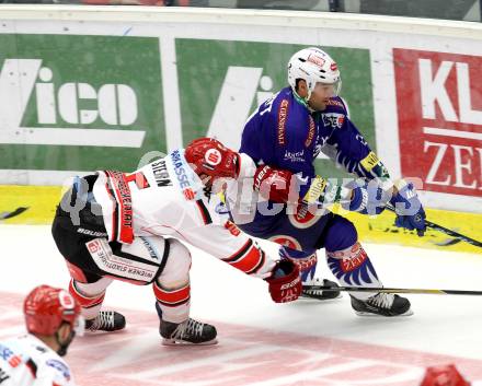 EBEL. Eishockey Bundesliga. EC VSV gegen HC TWK Innsbruck. Cole Jarrett, (VSV), Florian Stern  (Innsbruck). Villach, am 19.9.2014.
Foto: Kuess 


---
pressefotos, pressefotografie, kuess, qs, qspictures, sport, bild, bilder, bilddatenbank