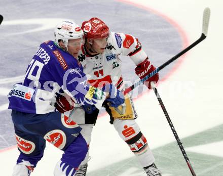 EBEL. Eishockey Bundesliga. EC VSV gegen HC TWK Innsbruck. Patrick Platzer, (VSV), Jeff Ulmer  (Innsbruck). Villach, am 19.9.2014.
Foto: Kuess 


---
pressefotos, pressefotografie, kuess, qs, qspictures, sport, bild, bilder, bilddatenbank