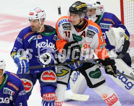 EBEL. Eishockey Bundesliga. EC VSV gegen Moser Medical Graz 99ers.  Gerhard Unterluggauer,  (VSV), Anders Bastiansen (Graz). Villach, am 19.9.2014.
Foto: Kuess 


---
pressefotos, pressefotografie, kuess, qs, qspictures, sport, bild, bilder, bilddatenbank