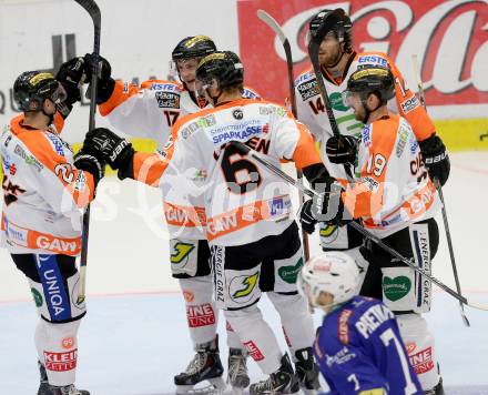 EBEL. Eishockey Bundesliga. EC VSV gegen Moser Medical Graz 99ers.  Torjubel Manuel Ganahl, Willie Coetzee, Luke Walker (Graz). Villach, am 19.9.2014.
Foto: Kuess 


---
pressefotos, pressefotografie, kuess, qs, qspictures, sport, bild, bilder, bilddatenbank