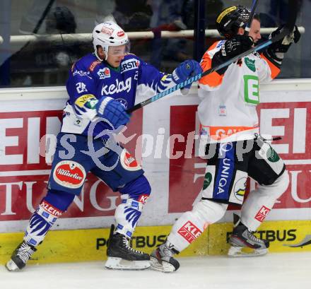 EBEL. Eishockey Bundesliga. EC VSV gegen Moser Medical Graz 99ers.  Marius Goehringer,  (VSV), Matt Kelly (Graz). Villach, am 19.9.2014.
Foto: Kuess 


---
pressefotos, pressefotografie, kuess, qs, qspictures, sport, bild, bilder, bilddatenbank