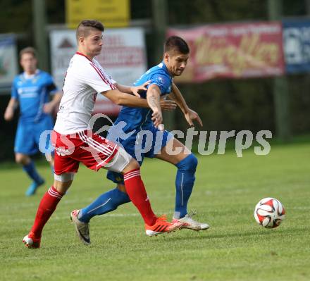 Fussball. Unterliga Ost. Sele Zell gegen Ludmannsdorf. Dejan Zadnikar (Zell), Florian Schmied (Ludmannsdorf). Zell, 21.9.2014.
Foto: Kuess
---
pressefotos, pressefotografie, kuess, qs, qspictures, sport, bild, bilder, bilddatenbank