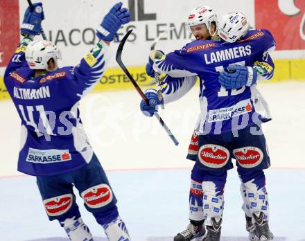 EBEL. Eishockey Bundesliga. EC VSV gegen Moser Medical Graz 99ers.  Torjubel Benjamin Petrik, John Lammers, Mario Altmann (VSV). Villach, am 19.9.2014.
Foto: Kuess 


---
pressefotos, pressefotografie, kuess, qs, qspictures, sport, bild, bilder, bilddatenbank