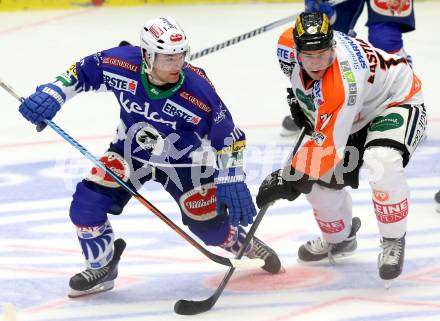 EBEL. Eishockey Bundesliga. EC VSV gegen Moser Medical Graz 99ers.  Broke McBride,  (VSV), Anders Bastiansen (Graz). Villach, am 19.9.2014.
Foto: Kuess 


---
pressefotos, pressefotografie, kuess, qs, qspictures, sport, bild, bilder, bilddatenbank