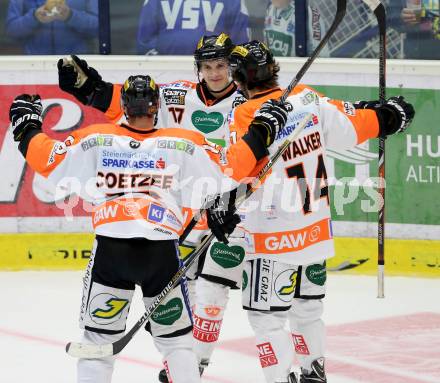 EBEL. Eishockey Bundesliga. EC VSV gegen Moser Medical Graz 99ers.  Torjubel Manuel Ganahl, Willie Coetzee, Luke Walker (Graz). Villach, am 19.9.2014.
Foto: Kuess 


---
pressefotos, pressefotografie, kuess, qs, qspictures, sport, bild, bilder, bilddatenbank