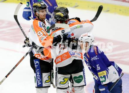 EBEL. Eishockey Bundesliga. EC VSV gegen Moser Medical Graz 99ers.  Torjubel Miha Verlic, Luke Walker, Manuel Ganahl (Graz). Villach, am 19.9.2014.
Foto: Kuess 


---
pressefotos, pressefotografie, kuess, qs, qspictures, sport, bild, bilder, bilddatenbank