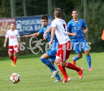 Fussball. Unterliga Ost. Sele Zell gegen Ludmannsdorf. Dejan Zadnikar (Zell), Florian Schmied (Ludmannsdorf). Zell, 21.9.2014.
Foto: Kuess
---
pressefotos, pressefotografie, kuess, qs, qspictures, sport, bild, bilder, bilddatenbank