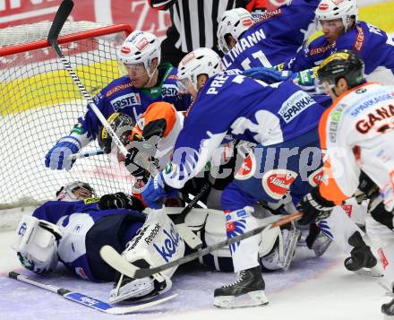 EBEL. Eishockey Bundesliga. EC VSV gegen Moser Medical Graz 99ers.  Jean Philippe Lamoureux, Brock McBride, Klemen Pretnar, (VSV), Willie Coetzee  (Graz). Villach, am 19.9.2014.
Foto: Kuess 


---
pressefotos, pressefotografie, kuess, qs, qspictures, sport, bild, bilder, bilddatenbank