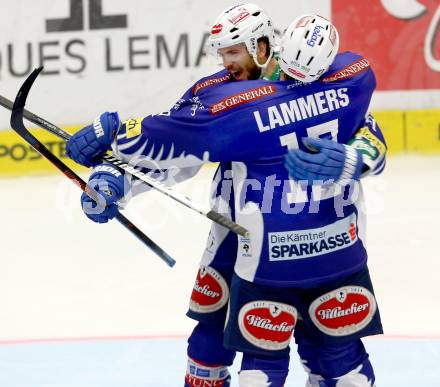 EBEL. Eishockey Bundesliga. EC VSV gegen Moser Medical Graz 99ers.  Torjubel Benjamin Petrik, John Lammers (VSV). Villach, am 19.9.2014.
Foto: Kuess 


---
pressefotos, pressefotografie, kuess, qs, qspictures, sport, bild, bilder, bilddatenbank