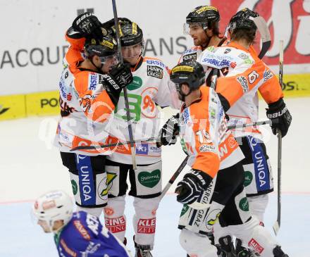 EBEL. Eishockey Bundesliga. EC VSV gegen Moser Medical Graz 99ers.  Torjubel Manuel Ganahl, Willie Coetzee, Luke Walker (Graz). Villach, am 19.9.2014.
Foto: Kuess 


---
pressefotos, pressefotografie, kuess, qs, qspictures, sport, bild, bilder, bilddatenbank