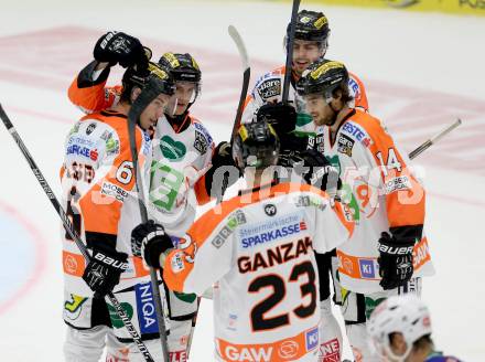 EBEL. Eishockey Bundesliga. EC VSV gegen Moser Medical Graz 99ers.  Torjubel Miha Verlic, Luke Walker, Manuel Ganahl, Stefan Lassen. Mitch Ganzak (Graz). Villach, am 19.9.2014.
Foto: Kuess 


---
pressefotos, pressefotografie, kuess, qs, qspictures, sport, bild, bilder, bilddatenbank