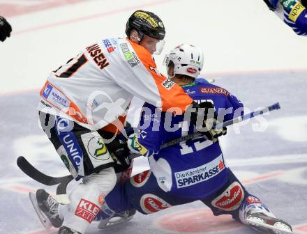 EBEL. Eishockey Bundesliga. EC VSV gegen Moser Medical Graz 99ers.  Francois Fortier,  (VSV), Anders Bastiansen (Graz). Villach, am 19.9.2014.
Foto: Kuess 


---
pressefotos, pressefotografie, kuess, qs, qspictures, sport, bild, bilder, bilddatenbank