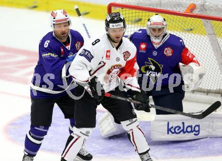 Eishockey. Champions Hockey League VSV gegen Geneve-Servette. Gerhard Unterluggauer #6, Jean Philippe Lamoureux #1, (VSV),  Juraj Simek #9  (Geneve-Servette). Villach, 23.9.2014.
Foto: Kuess 
---
pressefotos, pressefotografie, kuess, qs, qspictures, sport, bild, bilder, bilddatenbank