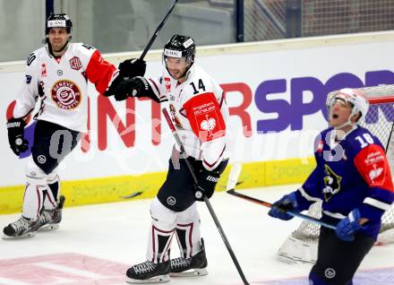 Eishockey. Champions Hockey League VSV gegen Geneve-Servette. Torjubel Daniel Rubin #40, Taylor Pyatt #14 (Geneve-Servette). Villach, 23.9.2014.
Foto: Kuess 
---
pressefotos, pressefotografie, kuess, qs, qspictures, sport, bild, bilder, bilddatenbank