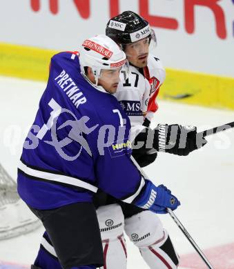 Eishockey. Champions Hockey League VSV gegen Geneve-Servette. Klemen Pretnar #7,  (VSV), Arnaud Jacquemet #17 (Geneve-Servette). Villach, 23.9.2014.
Foto: Kuess 
---
pressefotos, pressefotografie, kuess, qs, qspictures, sport, bild, bilder, bilddatenbank