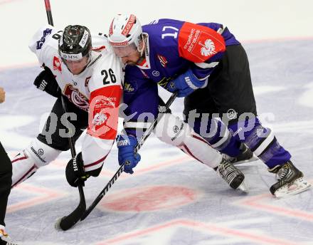 Eishockey. Champions Hockey League VSV gegen Geneve-Servette. Sean Ringrose #17, (VSV), Chrhis Rivera #26  (Geneve-Servette). Villach, 23.9.2014.
Foto: Kuess 
---
pressefotos, pressefotografie, kuess, qs, qspictures, sport, bild, bilder, bilddatenbank