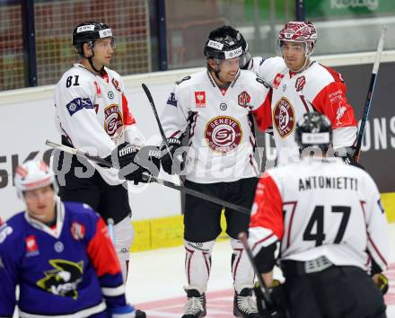 Eishockey. Champions Hockey League VSV gegen Geneve-Servette. Torjubel  (Geneve-Servette). Villach, 23.9.2014.
Foto: Kuess 
---
pressefotos, pressefotografie, kuess, qs, qspictures, sport, bild, bilder, bilddatenbank