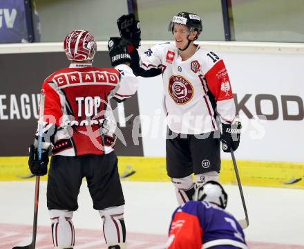 Eishockey. Champions Hockey League VSV gegen Geneve-Servette. Torjubel Matt D Agostini #36, Timothy Kast #19(Geneve-Servette). Villach, 23.9.2014.
Foto: Kuess 
---
pressefotos, pressefotografie, kuess, qs, qspictures, sport, bild, bilder, bilddatenbank