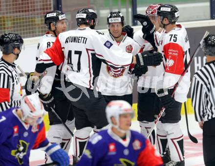 Eishockey. Champions Hockey League VSV gegen Geneve-Servette. Torjubel  (Geneve-Servette). Villach, 23.9.2014.
Foto: Kuess 
---
pressefotos, pressefotografie, kuess, qs, qspictures, sport, bild, bilder, bilddatenbank