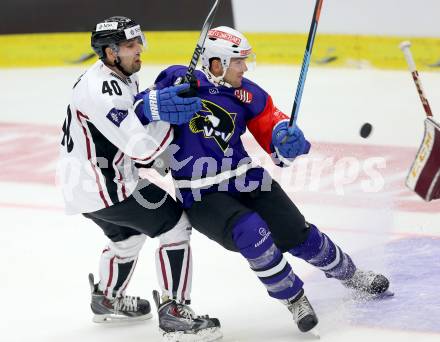 Eishockey. Champions Hockey League VSV gegen Geneve-Servette. Benjamin Petrik #21,  (VSV), Daniel Rubin #40 (Geneve-Servette). Villach, 23.9.2014.
Foto: Kuess 
---
pressefotos, pressefotografie, kuess, qs, qspictures, sport, bild, bilder, bilddatenbank