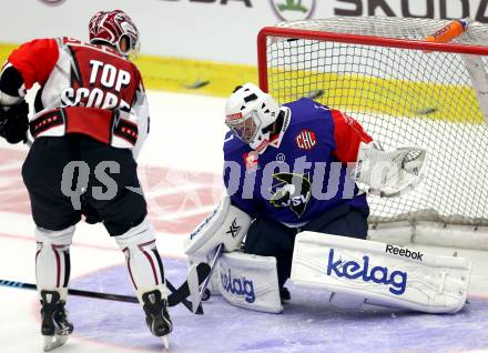 Eishockey. Champions Hockey League VSV gegen Geneve-Servette. Jean Philippe Lamoureux #1, (VSV), Matt D Agostini #36  (Geneve-Servette). Villach, 23.9.2014.
Foto: Kuess 
---
pressefotos, pressefotografie, kuess, qs, qspictures, sport, bild, bilder, bilddatenbank