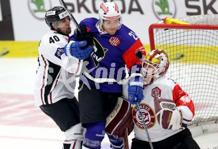 Eishockey. Champions Hockey League VSV gegen Geneve-Servette. Benjamin Petrik #21,  (VSV), Daniel Rubin #40, Christophe Bays #1 (Geneve-Servette). Villach, 23.9.2014.
Foto: Kuess 
---
pressefotos, pressefotografie, kuess, qs, qspictures, sport, bild, bilder, bilddatenbank