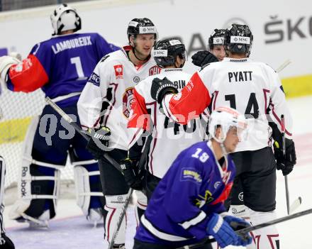 Eishockey. Champions Hockey League VSV gegen Geneve-Servette. Torjubel  (Geneve-Servette). Villach, 23.9.2014.
Foto: Kuess 
---
pressefotos, pressefotografie, kuess, qs, qspictures, sport, bild, bilder, bilddatenbank