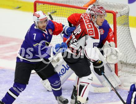 Eishockey. Champions Hockey League VSV gegen Geneve-Servette. Klemen Pretnar #7,  (VSV), Matt D Agostini #36 (Geneve-Servette). Villach, 23.9.2014.
Foto: Kuess 
---
pressefotos, pressefotografie, kuess, qs, qspictures, sport, bild, bilder, bilddatenbank