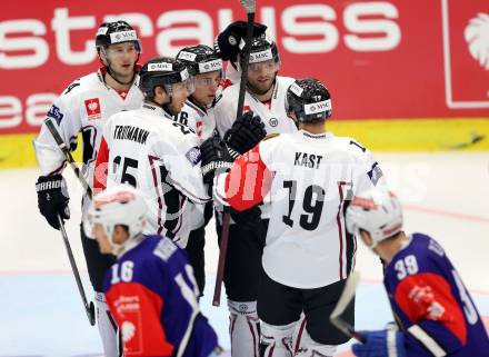 Eishockey. Champions Hockey League VSV gegen Geneve-Servette. Torjubel (Geneve-Servette). Villach, 23.9.2014.
Foto: Kuess 
---
pressefotos, pressefotografie, kuess, qs, qspictures, sport, bild, bilder, bilddatenbank