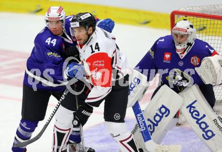 Eishockey. Champions Hockey League VSV gegen Geneve-Servette. Geoff Waugh #44, Jean Philippe Lamoureux #1, (VSV), Taylor Pyatt #14  (Geneve-Servette). Villach, 23.9.2014.
Foto: Kuess 
---
pressefotos, pressefotografie, kuess, qs, qspictures, sport, bild, bilder, bilddatenbank