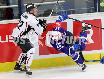 Eishockey. Champions Hockey League VSV gegen Geneve-Servette. Daniel Nageler #16,  (VSV), Jonathan Mercier #22 (Geneve-Servette). Villach, 23.9.2014.
Foto: Kuess 
---
pressefotos, pressefotografie, kuess, qs, qspictures, sport, bild, bilder, bilddatenbank