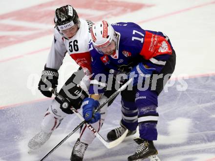 Eishockey. Champions Hockey League VSV gegen Geneve-Servette. Sean Ringrose #17, (VSV), Frederic Iglesias #56 (Geneve-Servette). Villach, 23.9.2014.
Foto: Kuess 
---
pressefotos, pressefotografie, kuess, qs, qspictures, sport, bild, bilder, bilddatenbank