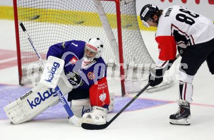 Eishockey. Champions Hockey League VSV gegen Geneve-Servette. Jean Philippe Lamoureux #1,  (VSV), Kevin Romy #88 (Geneve-Servette). Villach, 23.9.2014.
Foto: Kuess 
---
pressefotos, pressefotografie, kuess, qs, qspictures, sport, bild, bilder, bilddatenbank