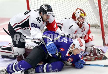 Eishockey. Champions Hockey League VSV gegen Geneve-Servette. Benjamin Petrik #21,  (VSV), Daniel Rubin #40, Christophe Bays #1 (Geneve-Servette). Villach, 23.9.2014.
Foto: Kuess 
---
pressefotos, pressefotografie, kuess, qs, qspictures, sport, bild, bilder, bilddatenbank