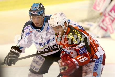 EBEL. Eishockey Bundesliga. KAC gegen EHC LIWEST Linz. Thomas Koch,  (KAC), Jason Ulmer (Linz). Klagenfurt, am 25.9.2014.
Foto: Kuess 

---
pressefotos, pressefotografie, kuess, qs, qspictures, sport, bild, bilder, bilddatenbank