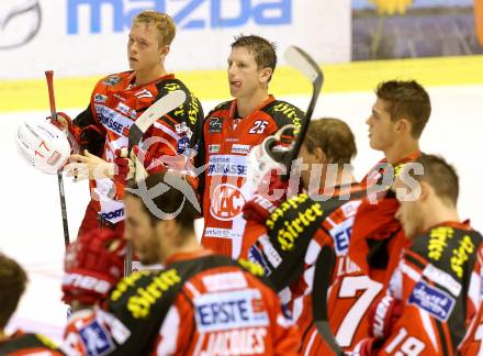 EBEL. Eishockey Bundesliga. KAC gegen EHC LIWEST Linz. Enttaeuscht Kim Stroemberg, Kirk Furey (KAC). Klagenfurt, am 25.9.2014.
Foto: Kuess 

---
pressefotos, pressefotografie, kuess, qs, qspictures, sport, bild, bilder, bilddatenbank