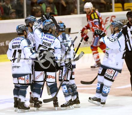 EBEL. Eishockey Bundesliga. KAC gegen EHC LIWEST Linz.  Torjubel  (Linz). Klagenfurt, am 25.9.2014.
Foto: Kuess 

---
pressefotos, pressefotografie, kuess, qs, qspictures, sport, bild, bilder, bilddatenbank