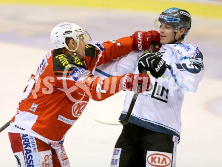 EBEL. Eishockey Bundesliga. KAC gegen EHC LIWEST Linz. Jamie Lundmark,  (KAC), Matthias Iberer (Linz). Klagenfurt, am 25.9.2014.
Foto: Kuess 

---
pressefotos, pressefotografie, kuess, qs, qspictures, sport, bild, bilder, bilddatenbank