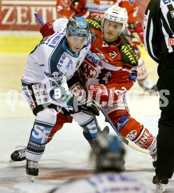 EBEL. Eishockey Bundesliga. KAC gegen EHC LIWEST Linz. Manuel Geier,  (KAC), Jason Ulmer (Linz). Klagenfurt, am 25.9.2014.
Foto: Kuess 

---
pressefotos, pressefotografie, kuess, qs, qspictures, sport, bild, bilder, bilddatenbank