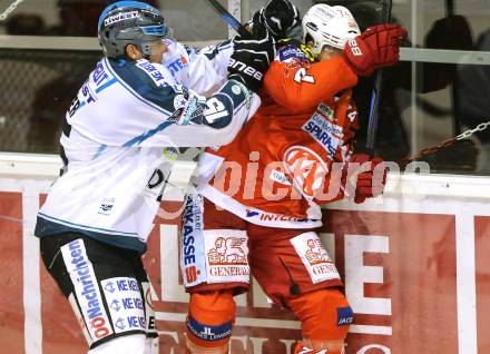 EBEL. Eishockey Bundesliga. KAC gegen EHC LIWEST Linz. Jamie Lundmark,  (KAC), Matthias Iberer (Linz). Klagenfurt, am 25.9.2014.
Foto: Kuess 

---
pressefotos, pressefotografie, kuess, qs, qspictures, sport, bild, bilder, bilddatenbank