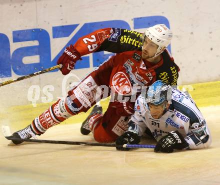 EBEL. Eishockey Bundesliga. KAC gegen EHC LIWEST Linz.  Jakub Koreis,  (KAC), Philipp Lukas (Linz). Klagenfurt, am 25.9.2014.
Foto: Kuess 

---
pressefotos, pressefotografie, kuess, qs, qspictures, sport, bild, bilder, bilddatenbank