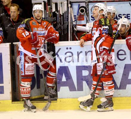 EBEL. Eishockey Bundesliga. KAC gegen EHC LIWEST Linz. Johannes Reichel, Kirk  Furey (KAC). Klagenfurt, am 25.9.2014.
Foto: Kuess 

---
pressefotos, pressefotografie, kuess, qs, qspictures, sport, bild, bilder, bilddatenbank