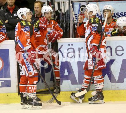 EBEL. Eishockey Bundesliga. KAC gegen EHC LIWEST Linz. Manuel Geier, Johannes Reichel, Kirk Furey (KAC). Klagenfurt, am 25.9.2014.
Foto: Kuess 

---
pressefotos, pressefotografie, kuess, qs, qspictures, sport, bild, bilder, bilddatenbank