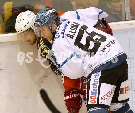 EBEL. Eishockey Bundesliga. KAC gegen EHC LIWEST Linz. Jakub Koreis, (KAC), Robert Lukas  (Linz). Klagenfurt, am 25.9.2014.
Foto: Kuess 

---
pressefotos, pressefotografie, kuess, qs, qspictures, sport, bild, bilder, bilddatenbank