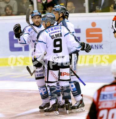 EBEL. Eishockey Bundesliga. KAC gegen EHC LIWEST Linz.  Torjubel Brad Moran, Brian Lebler, Jason Ulmer (Linz). Klagenfurt, am 25.9.2014.
Foto: Kuess 

---
pressefotos, pressefotografie, kuess, qs, qspictures, sport, bild, bilder, bilddatenbank