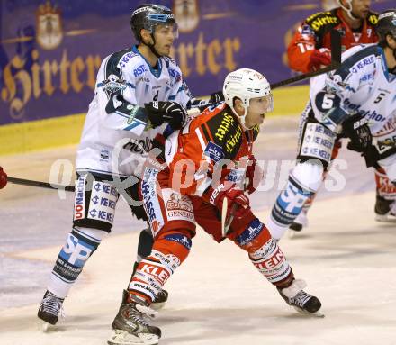 EBEL. Eishockey Bundesliga. KAC gegen EHC LIWEST Linz. Kirk Furey,  (KAC), Daniel Mitterdorfer (Linz). Klagenfurt, am 25.9.2014.
Foto: Kuess 

---
pressefotos, pressefotografie, kuess, qs, qspictures, sport, bild, bilder, bilddatenbank