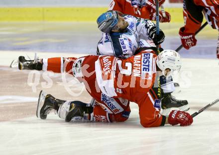 EBEL. Eishockey Bundesliga. KAC gegen EHC LIWEST Linz. Kyle Wharton,  (KAC), Andrew Jakob Kozek (Linz). Klagenfurt, am 25.9.2014.
Foto: Kuess 

---
pressefotos, pressefotografie, kuess, qs, qspictures, sport, bild, bilder, bilddatenbank