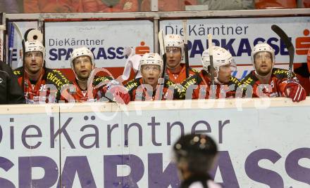 EBEL. Eishockey Bundesliga. KAC gegen EHC LIWEST Linz.  Jean Francois Jacques, Thomas Koch, Jamie Lundmark, Thomas HUndertpfund, Jakub Koreis (KAC). Klagenfurt, am 25.9.2014.
Foto: Kuess 

---
pressefotos, pressefotografie, kuess, qs, qspictures, sport, bild, bilder, bilddatenbank