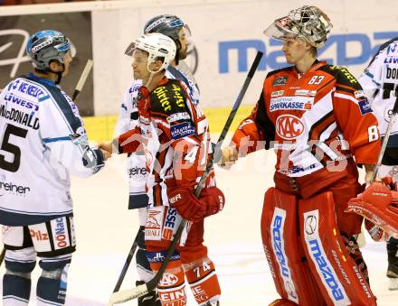 EBEL. Eishockey Bundesliga. KAC gegen EHC LIWEST Linz. Enttaeuscht Jamie Lundmark, Pekka Tuokkola (KAC). Klagenfurt, am 25.9.2014.
Foto: Kuess 

---
pressefotos, pressefotografie, kuess, qs, qspictures, sport, bild, bilder, bilddatenbank